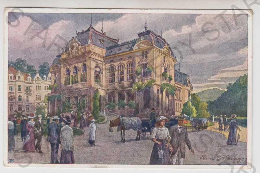 Karlovy Vary (Karlsbad), kúpele, kôň, kočiar, koloro - Pohľadnice miestopis