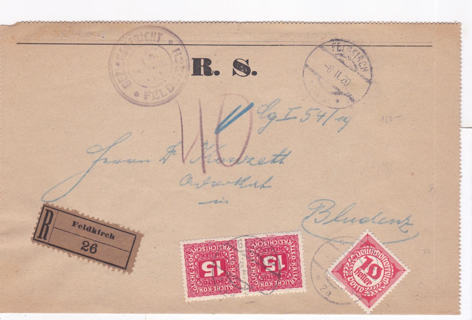 Rakúsko, úradné R- Feldkirch 1920 - doplatné Bludenz. - Filatelia