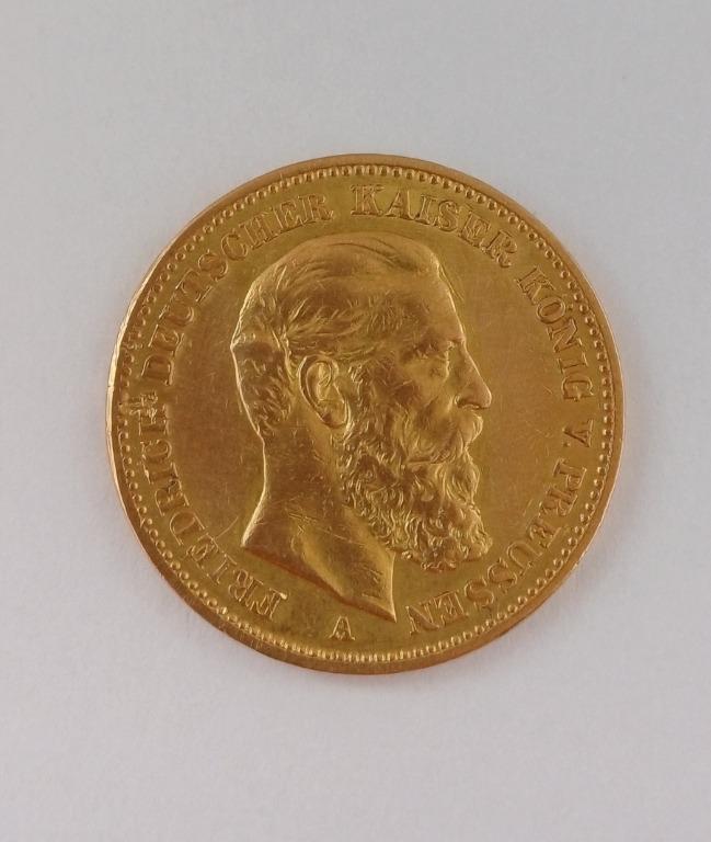 Zlatá minca 20 Marka 1888 A – Fridrich I.- Prusko. - Numizmatika
