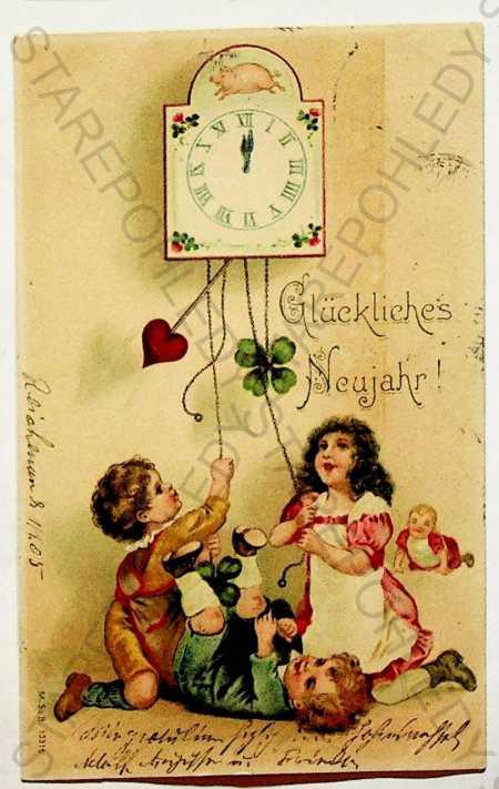 Nový Rok, dieťa, hodiny, kolorovaná, DA - Pohľadnice