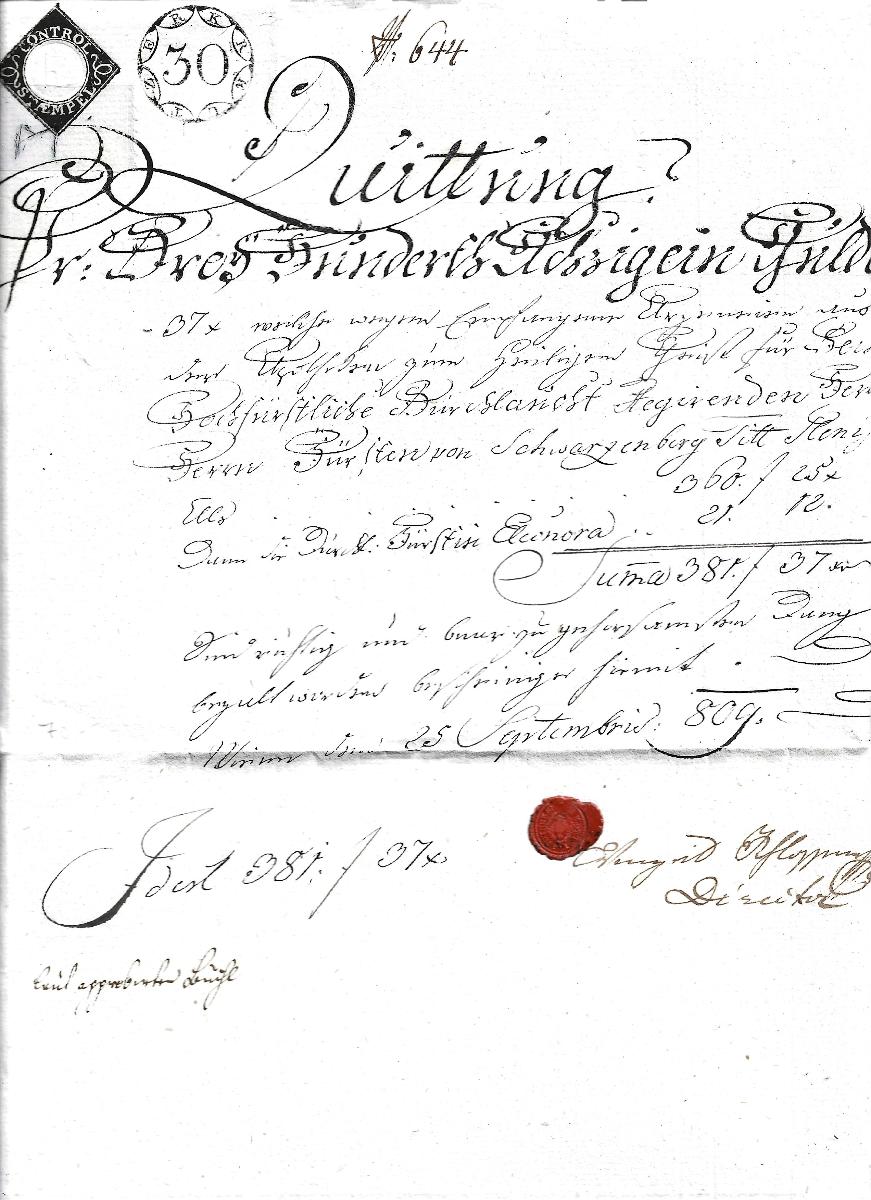 Kvitance so signetou 30 Kreutzer + konrolní, pečať, 1809, Sasko - Filatelia