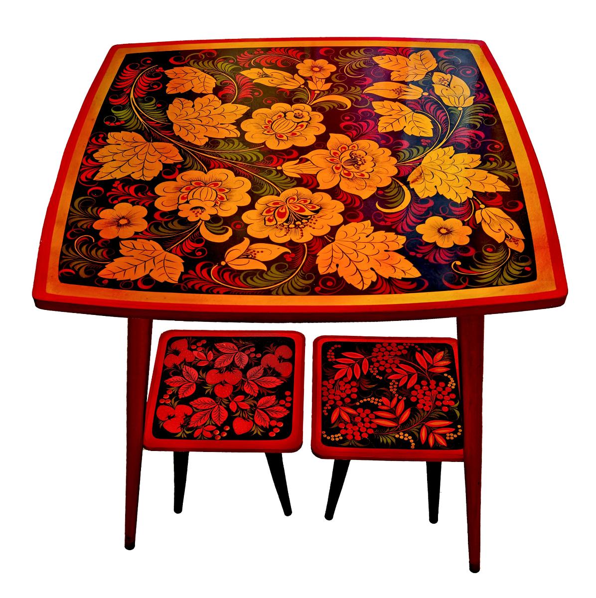 Maľovaný stolík a 2 stoličky z masívu - ruský kvetinový štýl - Nábytok