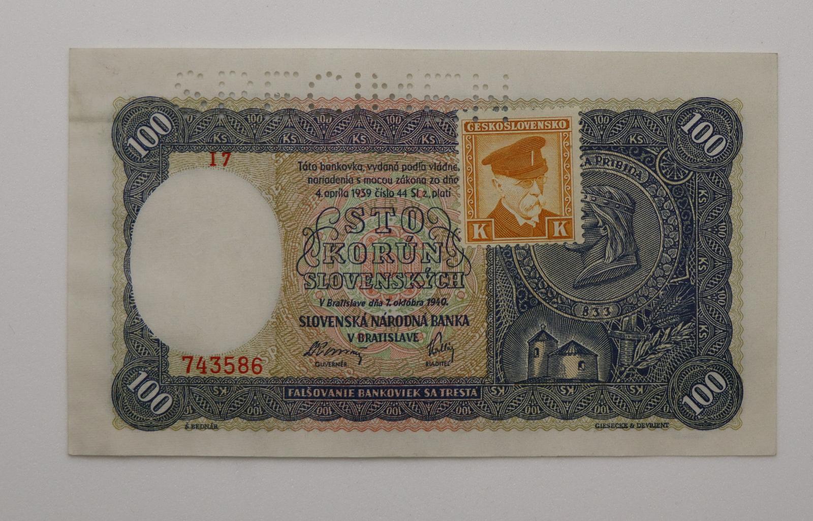 100 Ks 1940 - I 7 - perforovaná - Bankovky