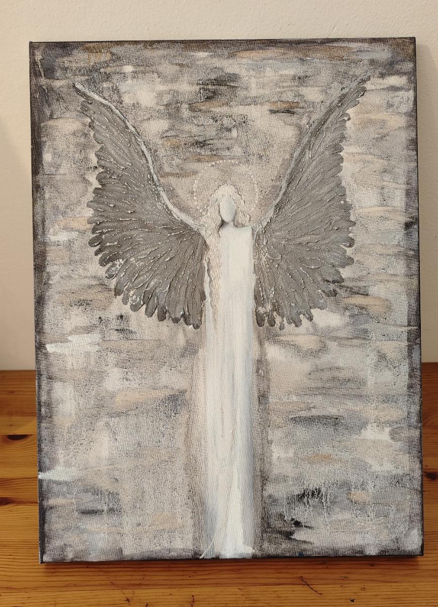 Anjel - olej na plátne - 40x30cm + strieborná farba - originál - Starožitnosti a umenie