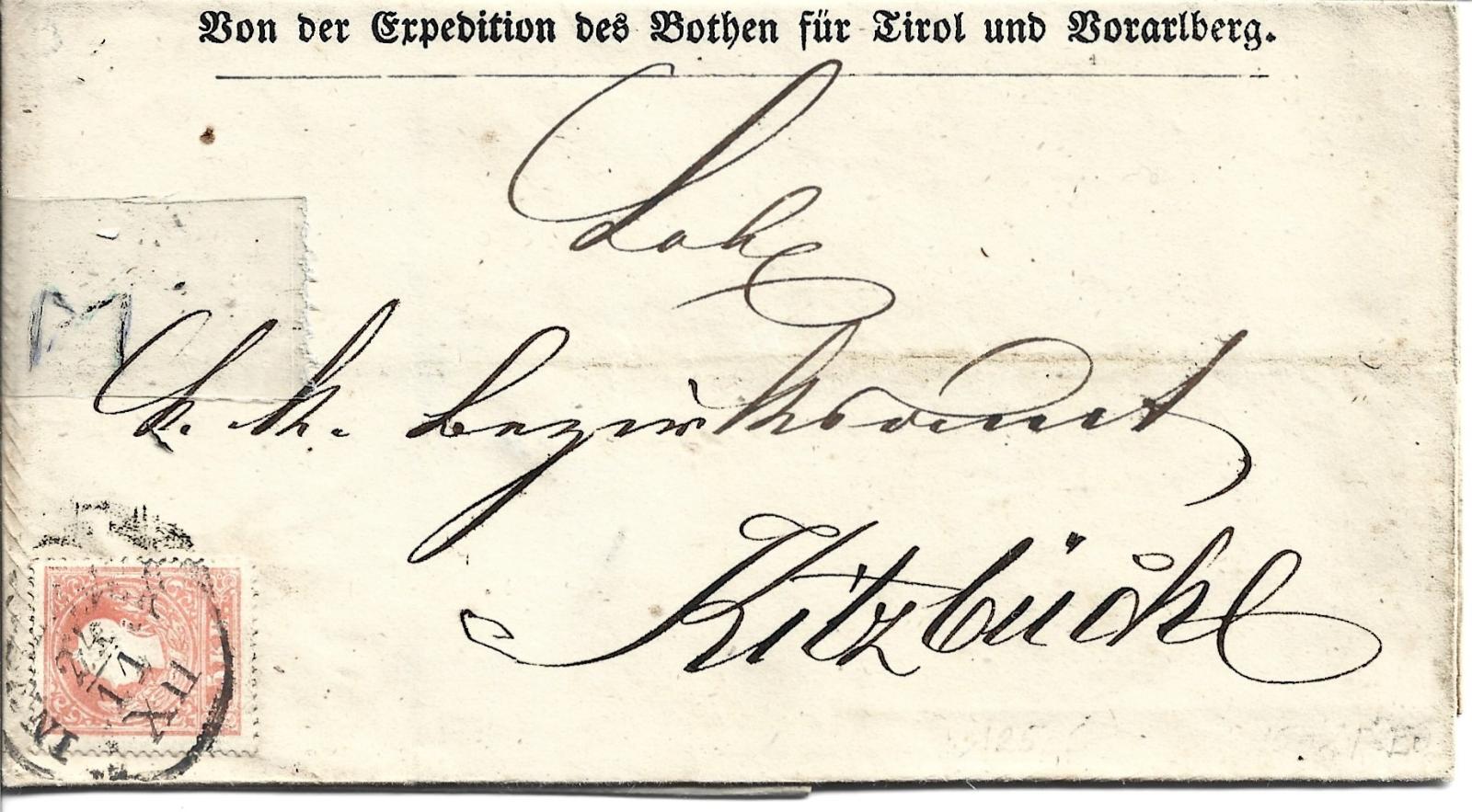 Prebal listu, R-U, 1860, so známkou č. 13 II, Kitzbüchl - Filatelia