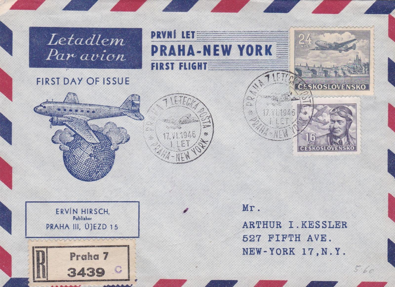 R- Praha, letecká pošta, 1. rokov 17.6.1946, E. Hirsch - USA, New York, - Filatelia