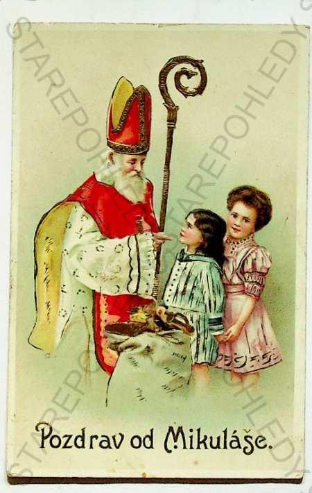 Rôzne priania, Mikuláš, dieťa, kolorované, pozlátené - Pohľadnice