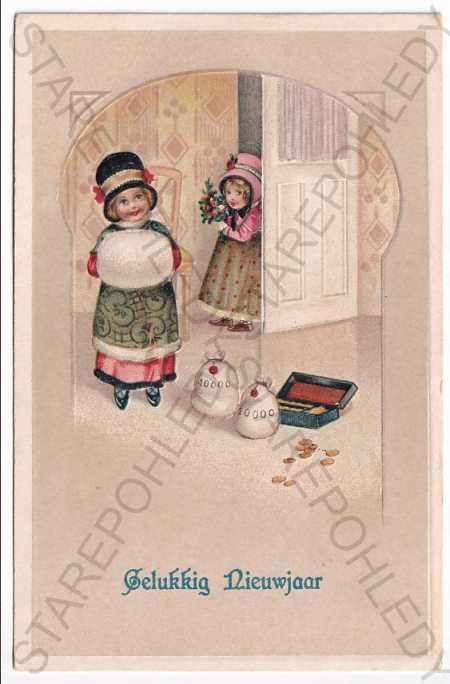 Nový rok - vrecia s peniazmi, litografia, kolorovaná, - Pohľadnice