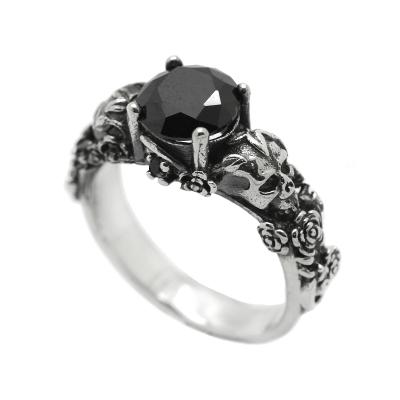Gotická lebka a ruža, čierny okrúhly drahokam, strieborný prsteň Skeleton