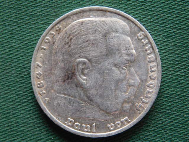 1936 - 5 Reichsmark - F - Paul von Hindenburg - Ag.Striebro - Deutsches - Numizmatika
