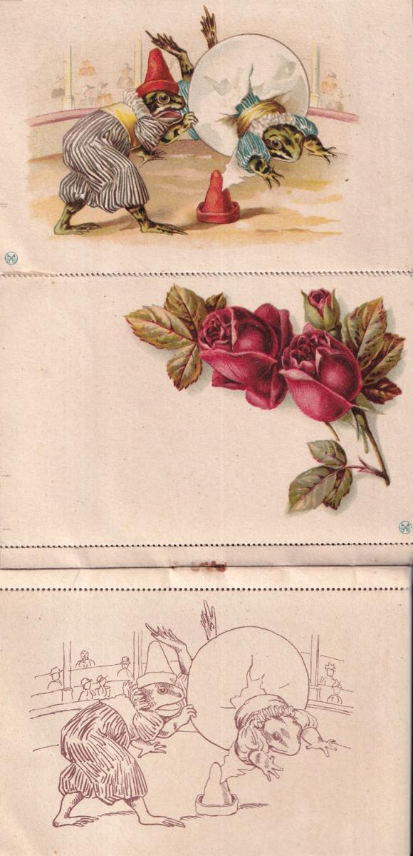 Pohľadnice - omaľovánky, ruže, žaby, psíci, lode 1.pol.20.stor. 8 ks - Zberateľstvo