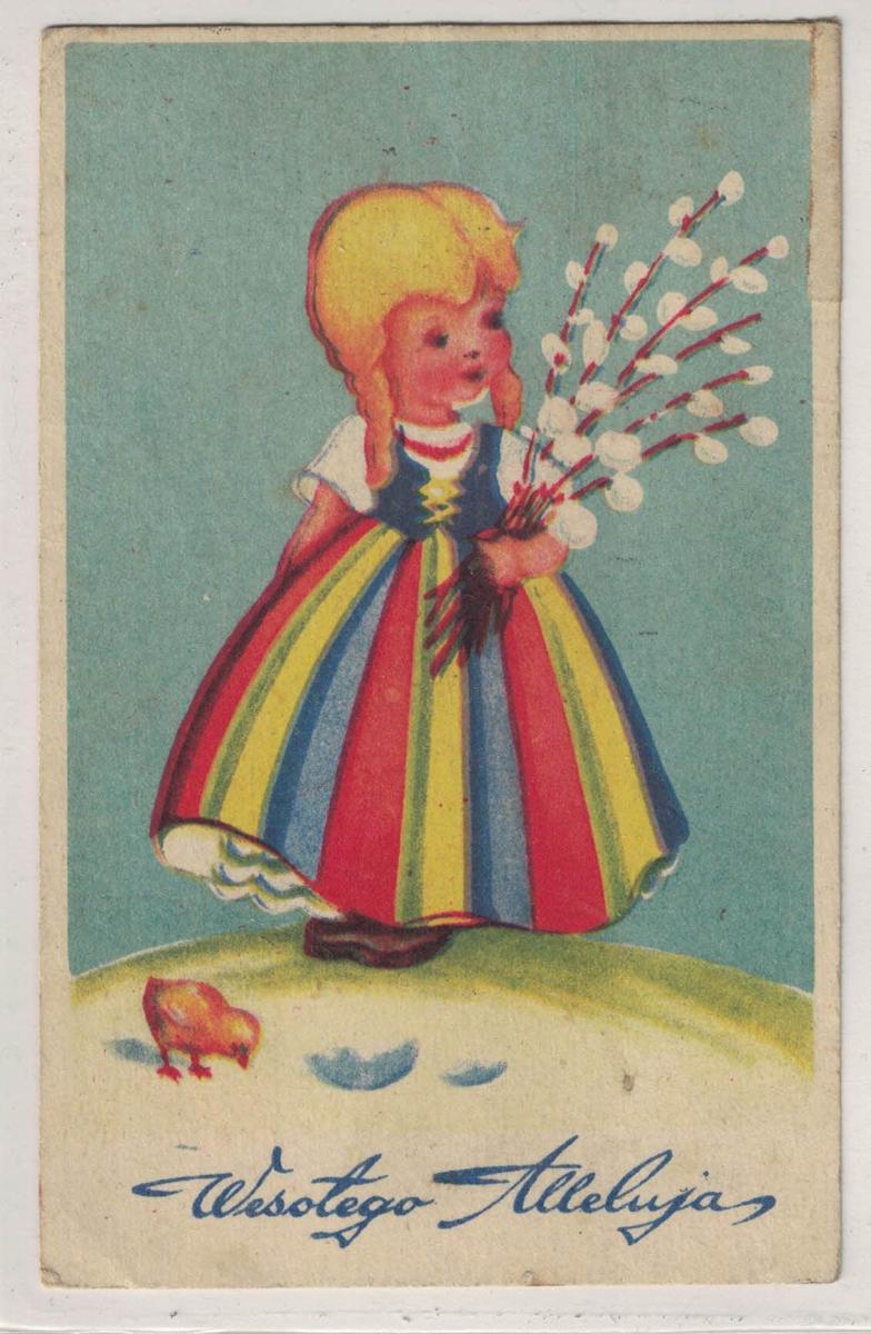 Veľká noc Alleluja dievčatko kurča mačičky 1948 Poľsko - Pohľadnice