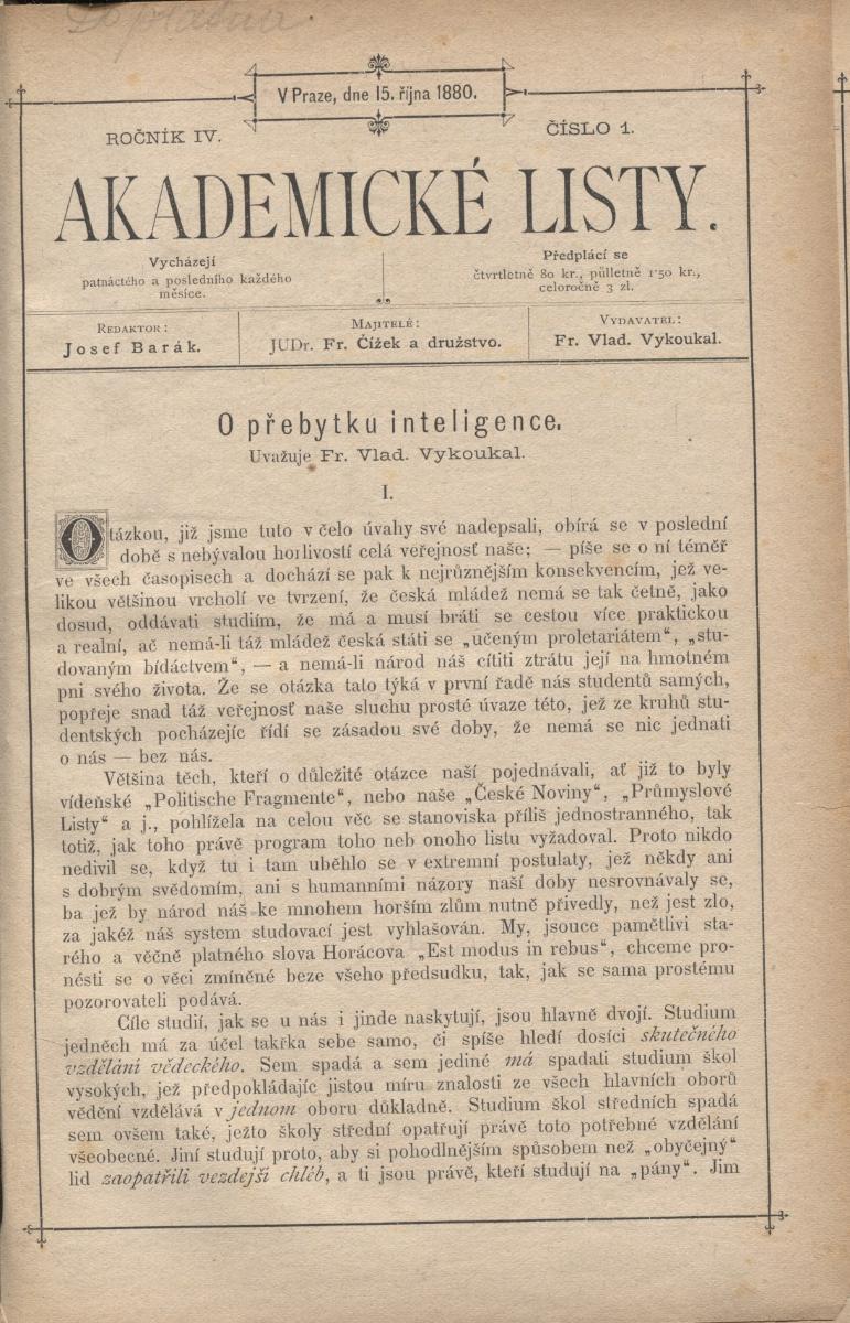 Akademické listy, ročník IV., Čísla 1 - 18/1880 - 1881 - Antikvariát