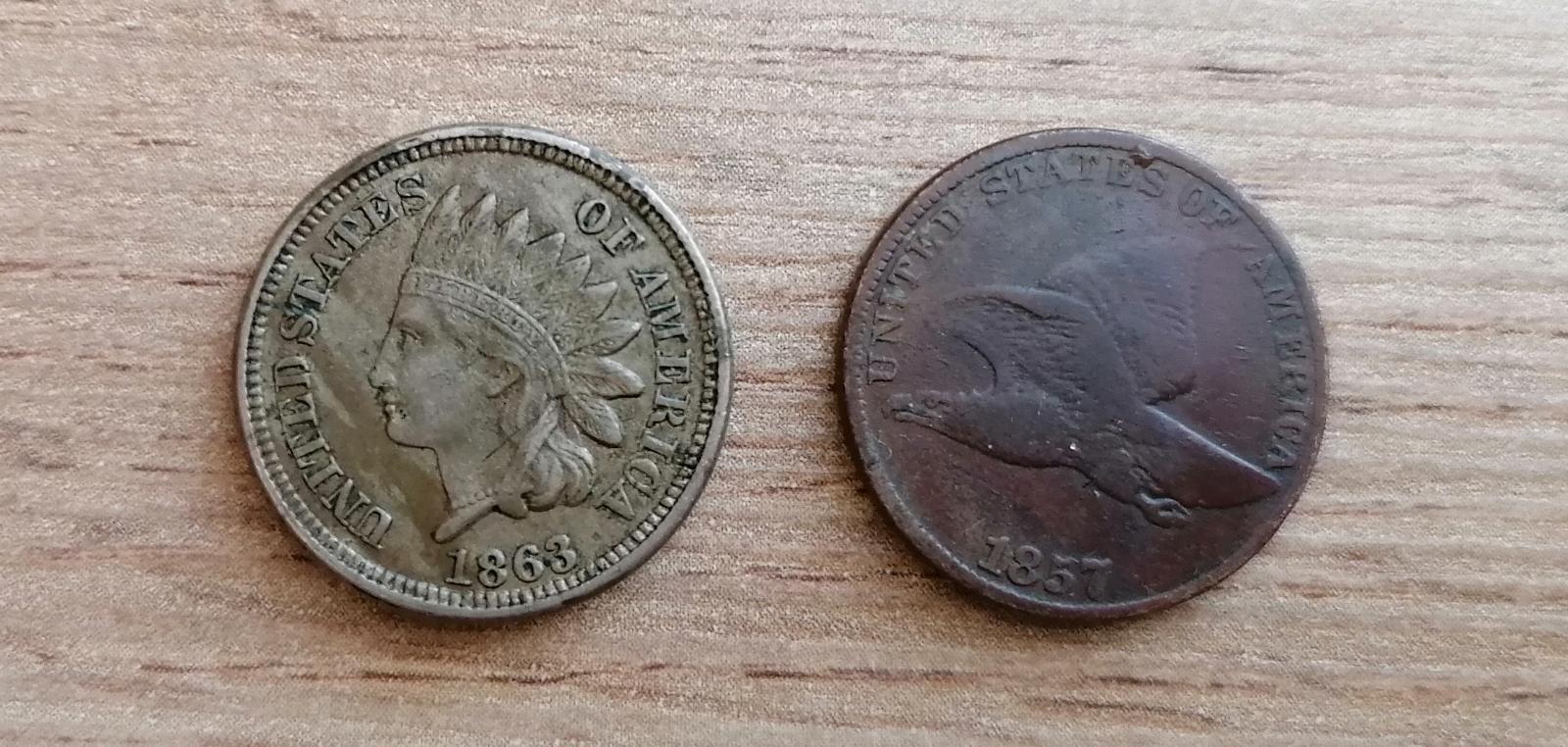 2 mince USA: 1 Cent 1863 a 1857 Spojené štáty Americké Severná Amerika - Numizmatika