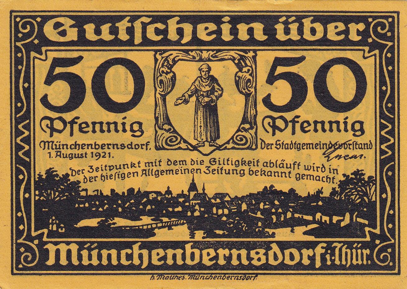 Nemecké núdzovky 1921 - Münchenbernsdorf - 50 Pfennig (oranžová) - Zberateľstvo