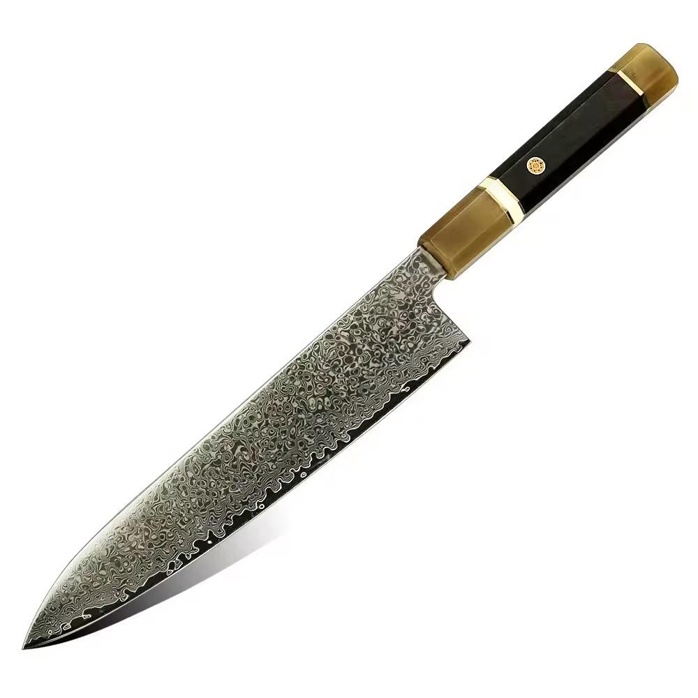 Luxusný Gyuto damaškový nôž svetlý byvolí roh + ebenové drevo 9" - Vybavenie do kuchyne