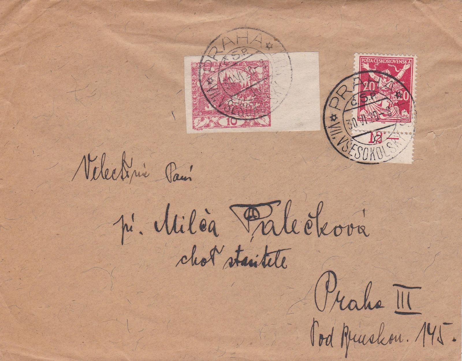 Hradčany a OR, počítadlo, Praha, príl. pečiatka sokol. zlet 30.6.1920, - Filatelia