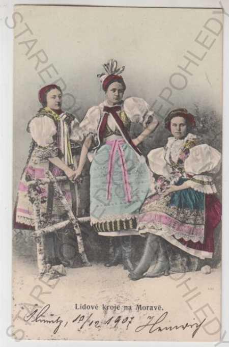 Ľudové kroje, Morava, žena, kolorovaná - Pohľadnice miestopis