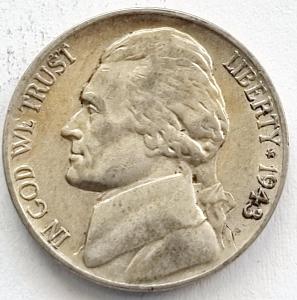 Strieborný 5 cent 1943 P ,Thomas Jefferson.
