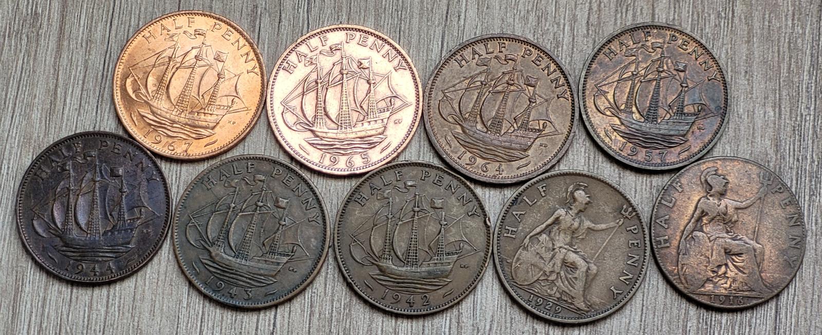 ✅konvolut - 9 mincí - Veľká Británia 1/2 pence 1916-1967 - Numizmatika