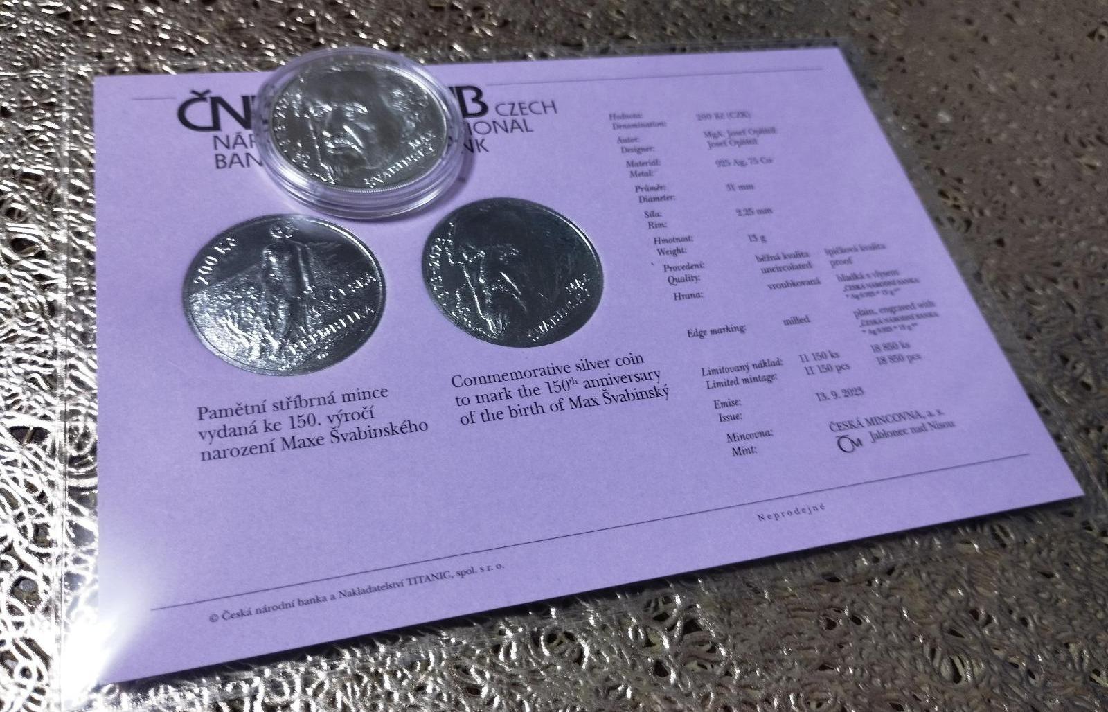 Pamätná strieborná minca vydaná k 150. výročiu narodenia Maxa Švabinského - Numizmatika