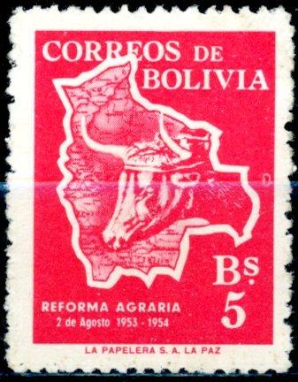 BOLÍVIA - 1954 - 1. výročie agrárnej reformy - mapa Bolívia - Známky