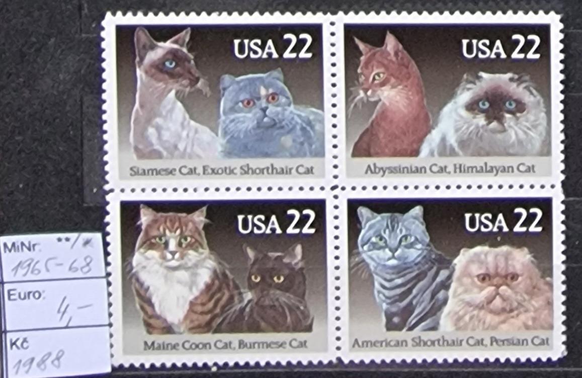 (*) USA, r.1988, mačky, kompletná séria Mi.1965-68, bez lepu, viď foto - Známky fauna