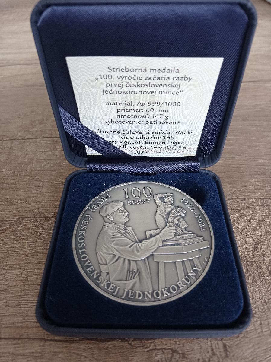 Medaila Ag-100.výročia začatia razby prvej českoslovien. jednokorún - Numizmatika