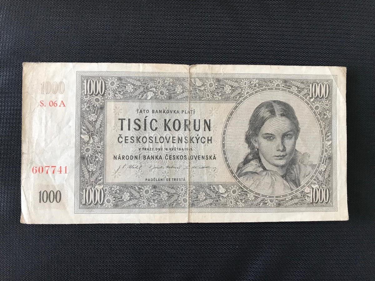 1000 Kčs 1945, veľmi vzácna prvá séria A, neperforovaná - Bankovky