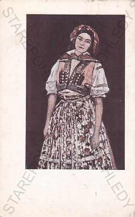 Morava - kroje, žena, sukňa, čepiec, kolorovaná - Pohľadnice miestopis