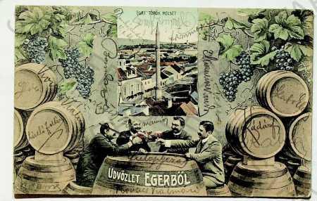Maďarsko - Eger - koláž pijany vína, kolorované - Pohľadnice