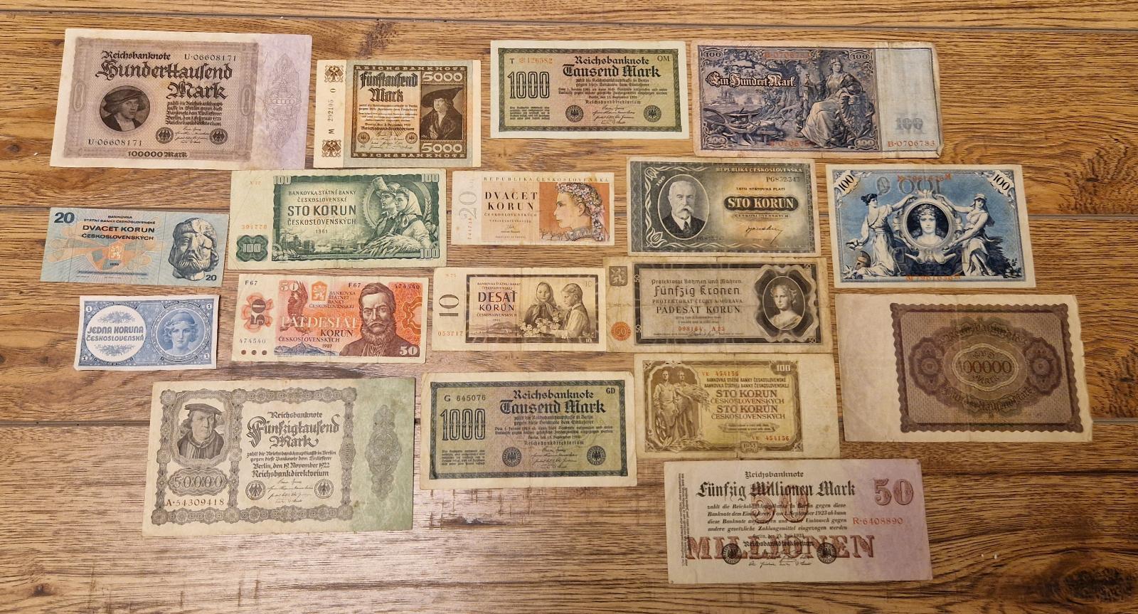 Konvolut starých bankoviek ČESKOSLOVENSKO A NEMECKO 18 kusov, viď foto - Zberateľstvo