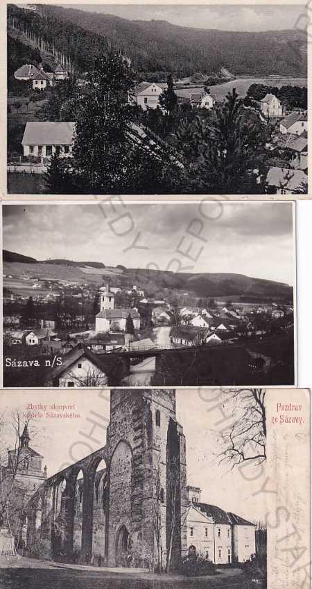 3x pohľadnica: Sázava (Benešov), celkový pohľad, - Pohľadnice miestopis