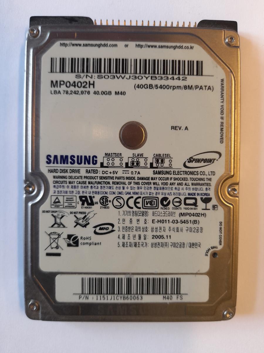 IDE disk Samsung MP0402H 40GB 2,5"  - Počítače a hry