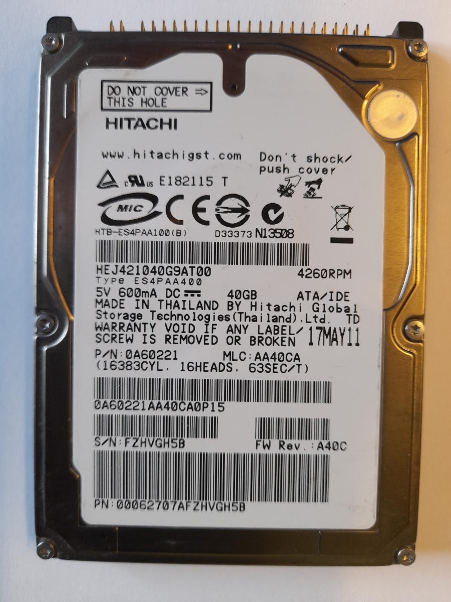 IDE disk Hitachi HEJ421040G9AT00 40GB 2,5" (pouze 18h) - Počítače a hry