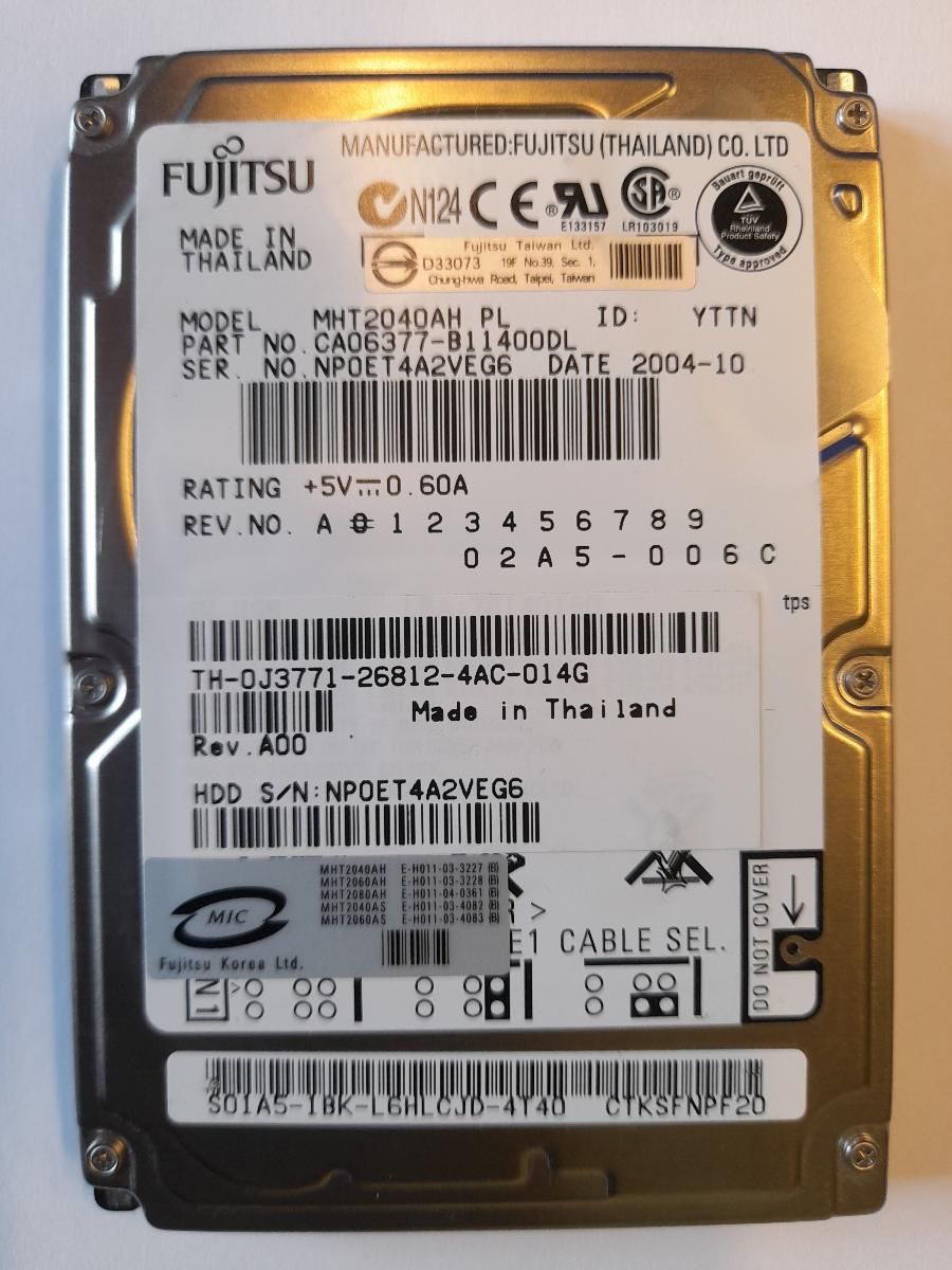 IDE disk Fujitsu MHT2040AH 40GB 2,5"  - Počítače a hry