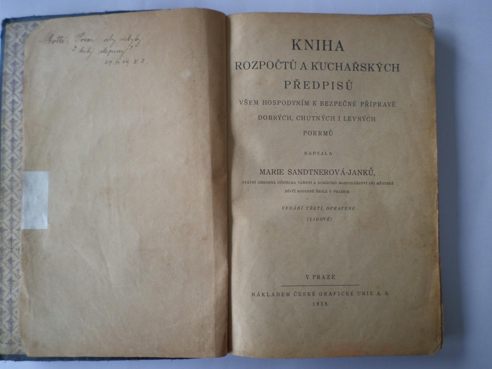 KNIHA ROZPOČTOV A KUCHÁRSKYCH PREDPISOV - 1928 - Staré mapy a veduty