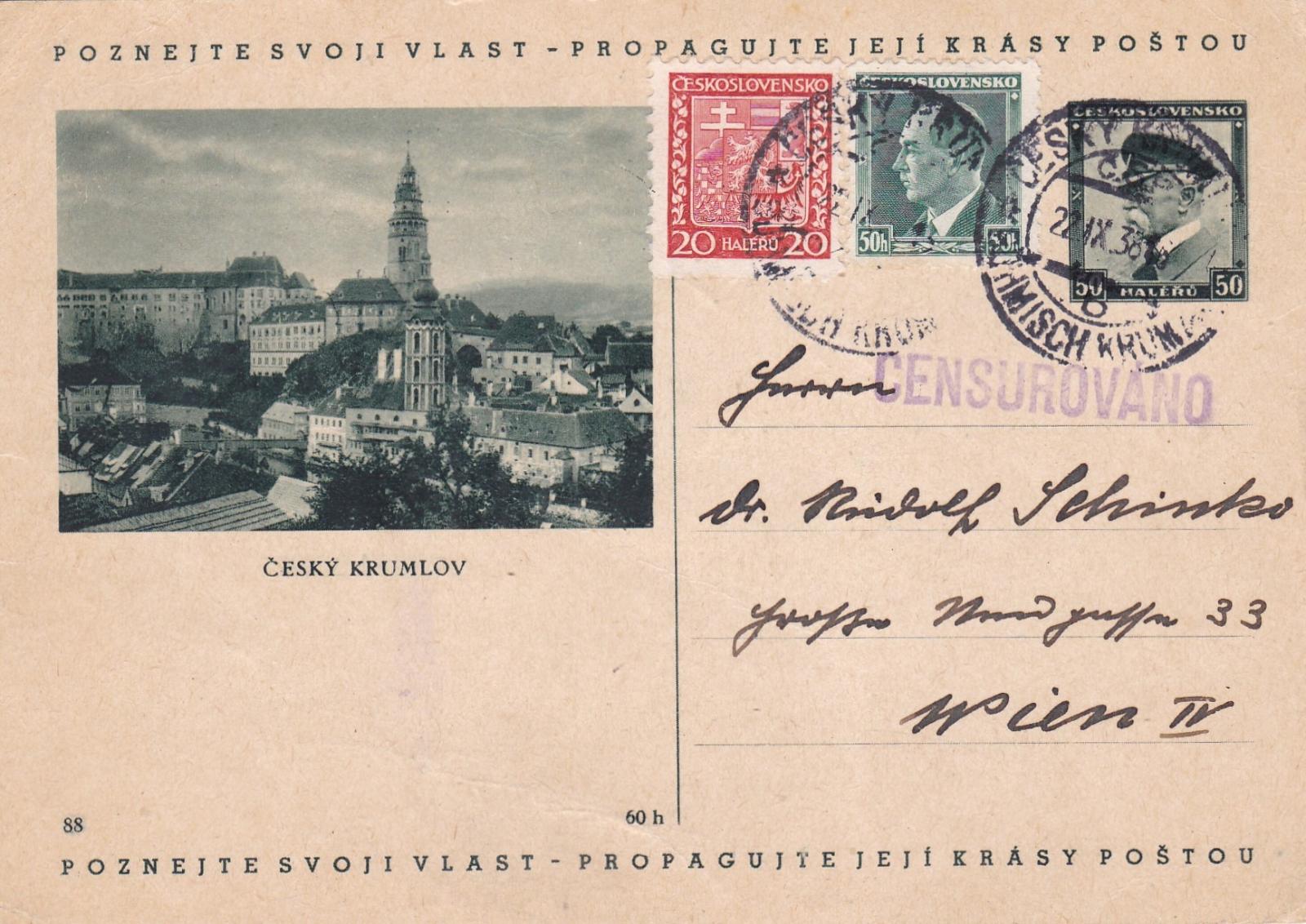 CDV 69/88, Český Krumlov, dofr. 22.9.1938 - Rakúsko, Viedeň. - Filatelia