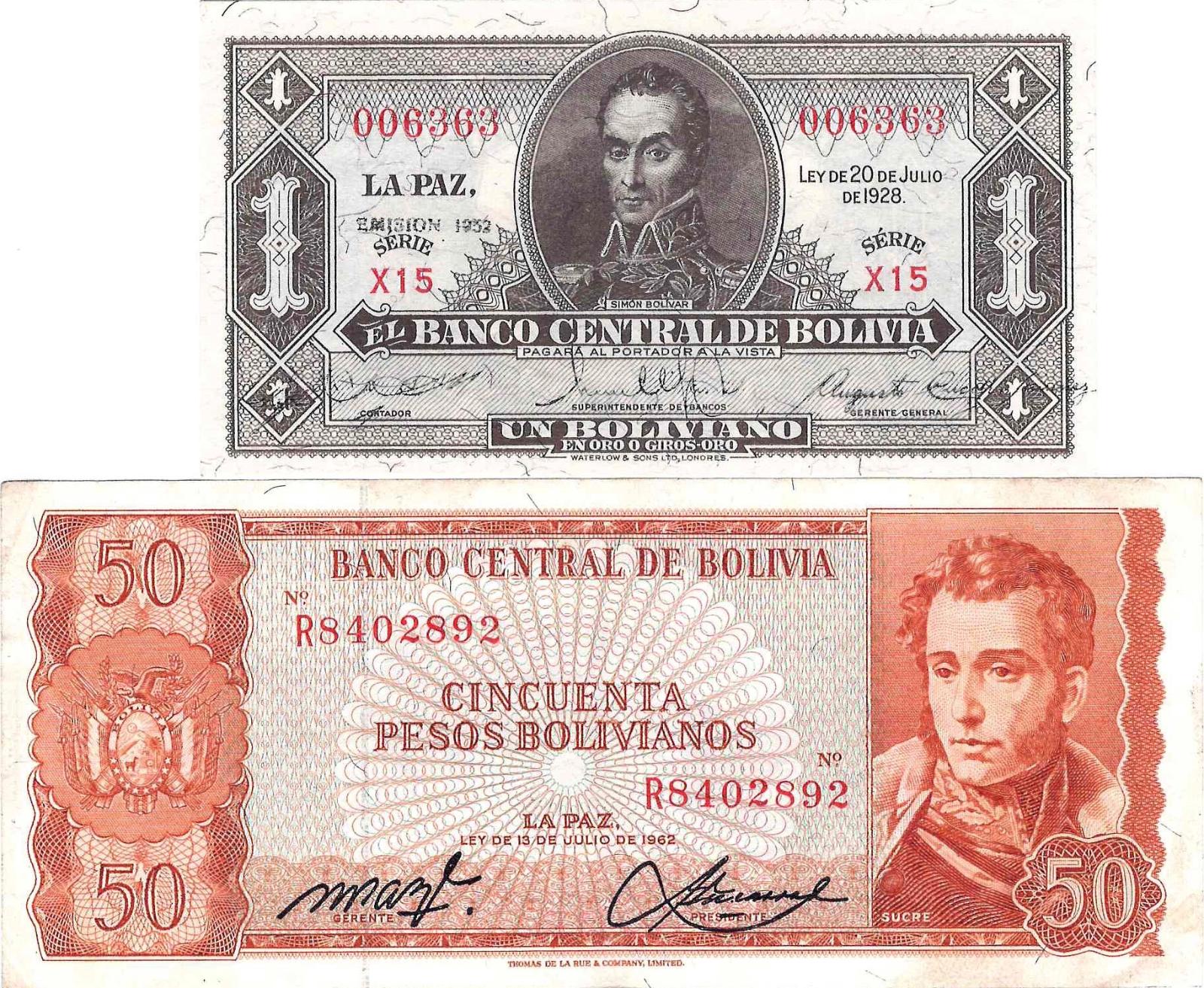 Bolívia, 1 + 50 Pesos Bolivianos, 1952, 1962, P 128c, 162a, EF, VF, 2 ks - Zberateľstvo