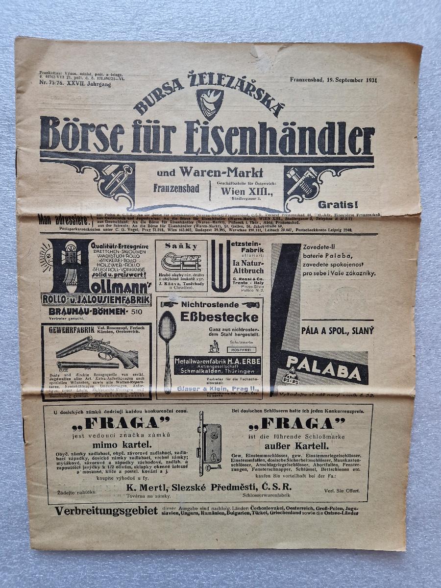 Staré reklamní noviny Bursa železářská 1931 mlýnek váha kočárek atd - Starožitnosti a umenie