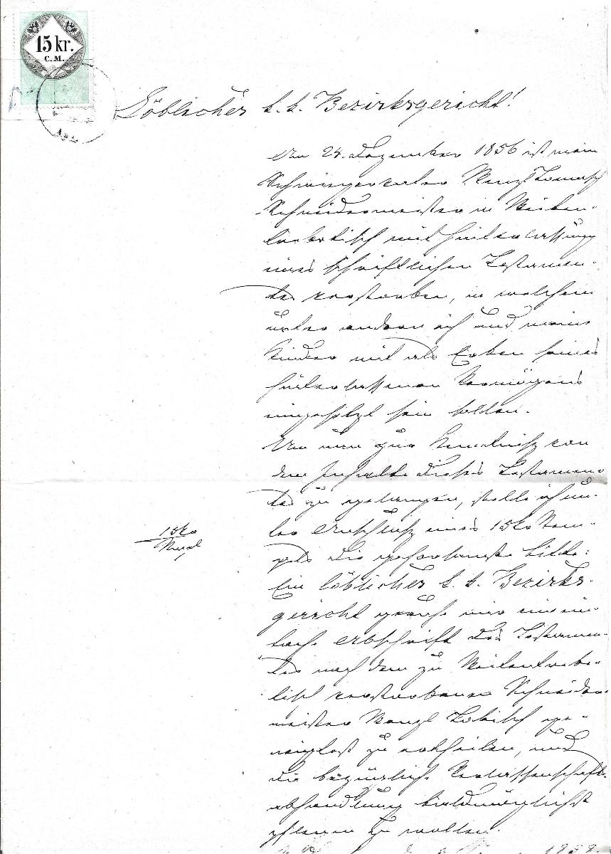 List okresnému súdu v kolkom15 Kr. C.M., 1858 - Filatelia