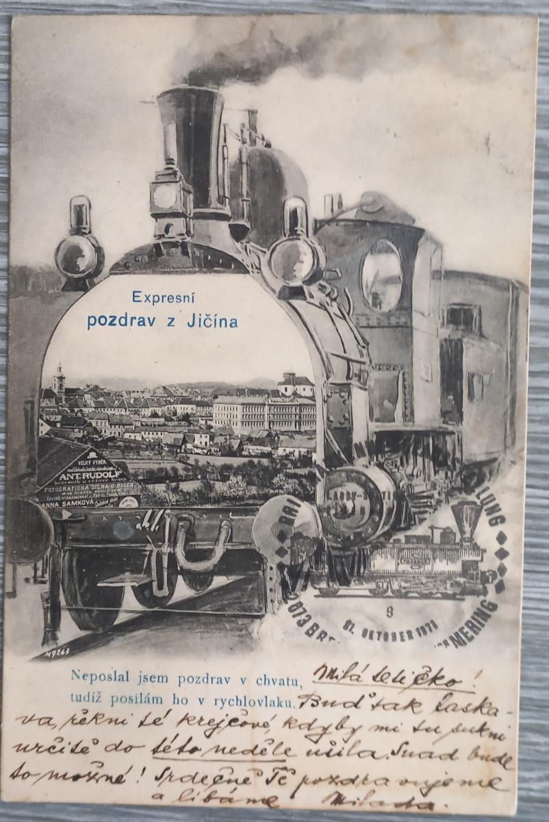Jičín - lokomotíva - krásna koláž - expresný pozdrav z Jičína - 1904 - Pohľadnice miestopis