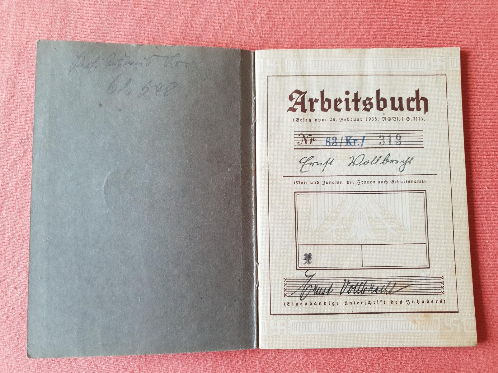 2. ARBEITSBUCH-Pracovný zošit, Nemecká pracovná knižka Tretej Ríše - Vojenské zberateľské predmety