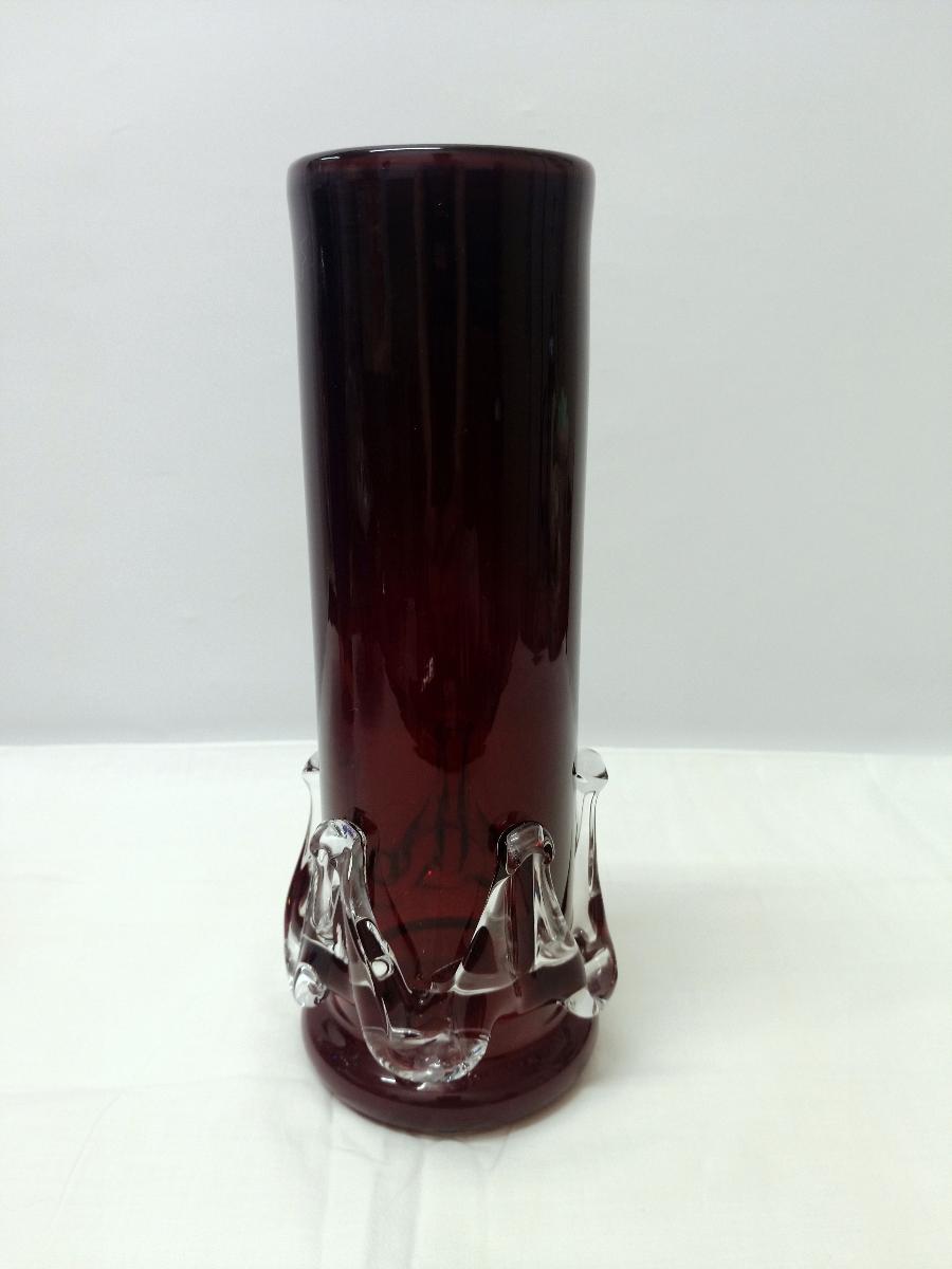 Váza tmavo červená & číra / hutnícke sklo - Starožitnosti
