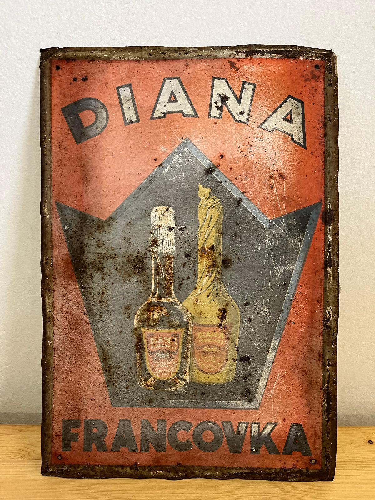 Stará reklamná plechová ceduľa DIANA - FRANCOVKA - alkohol - lieh - Starožitnosti