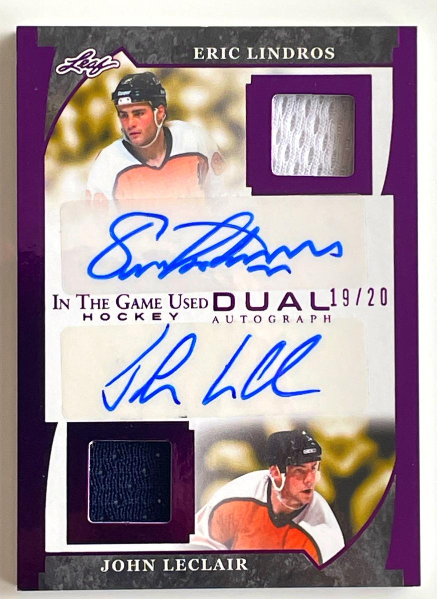 ERIC LINDROS💥JOHN LECLAIR💥DUAL AUTO RELICS 2022-23Leaf In the Game - Hokejové karty