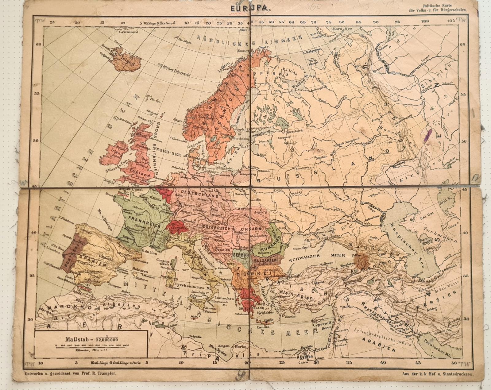 Politická mapa Európy pre verejné a komunálne školy, cca 1900-1914 - Staré mapy a veduty