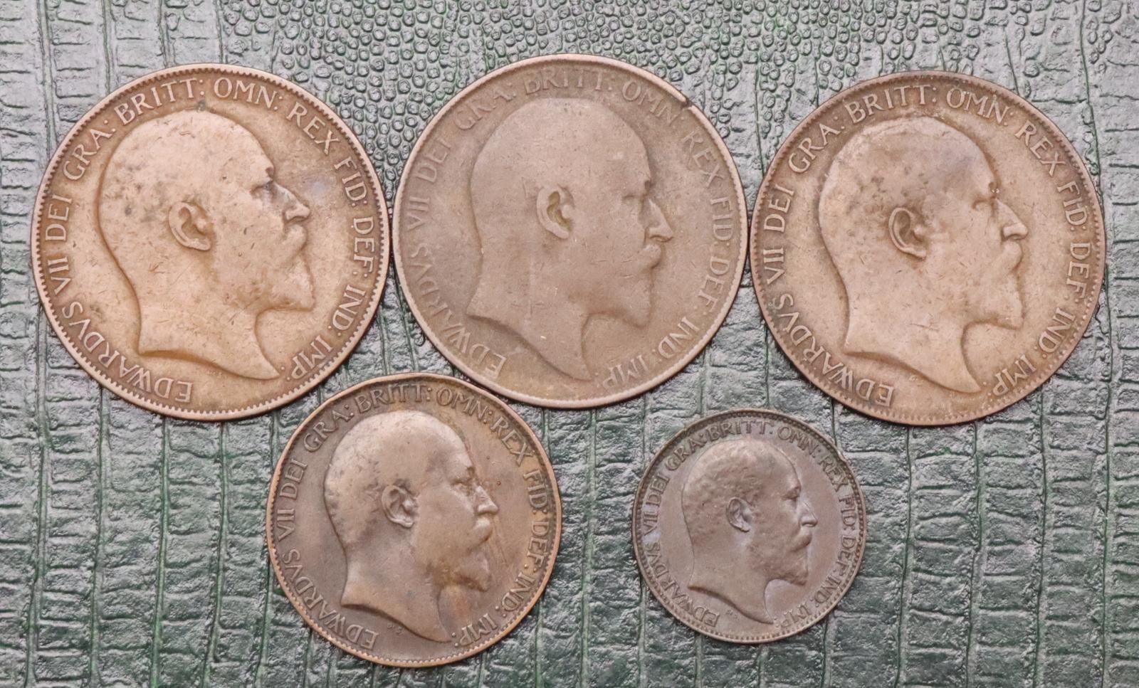Lot 5x Medená Penny, 1/2 Penny a Farthing 1903-1907 - Eduard VII. - Numizmatika