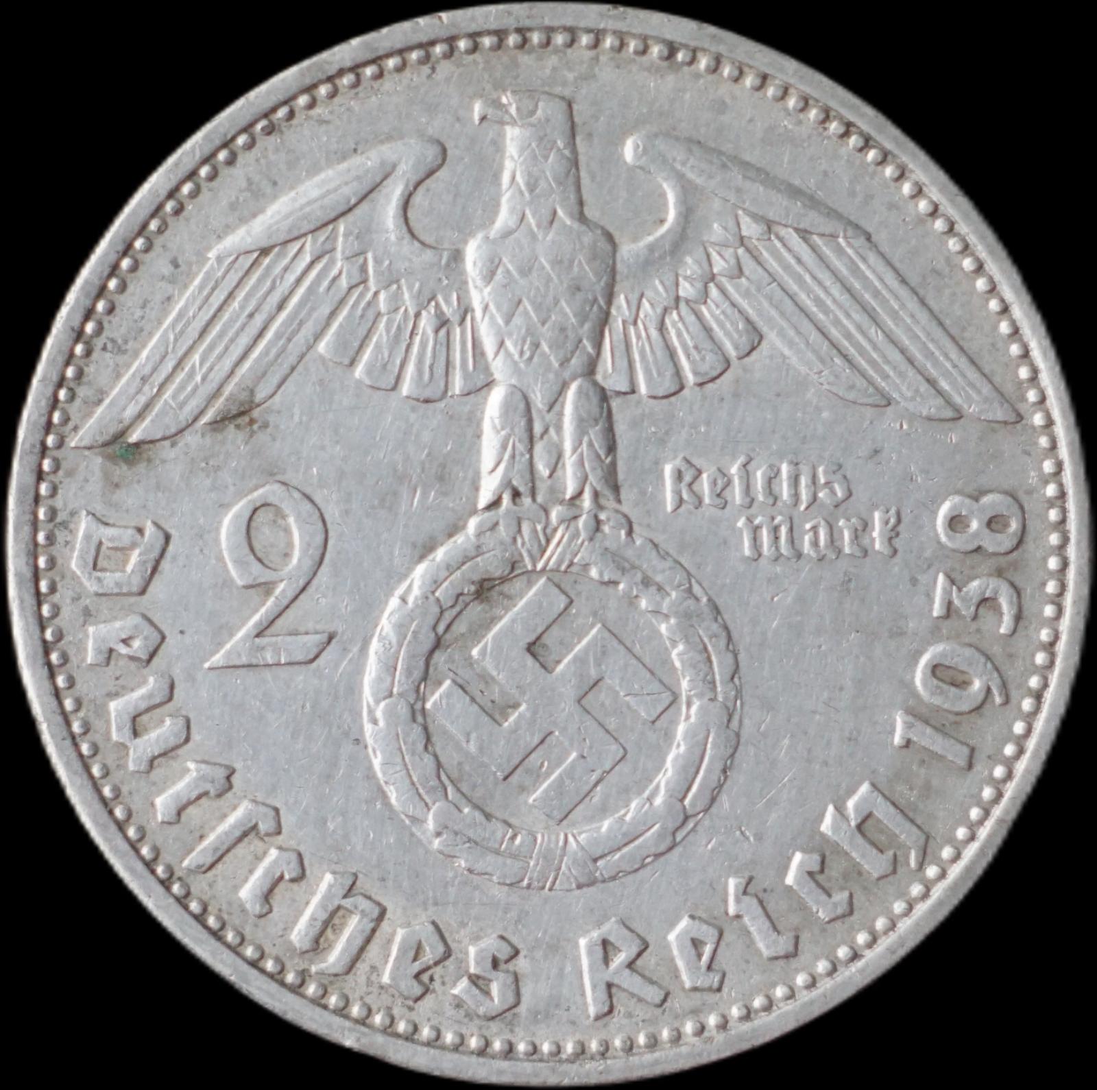 Nemecko - 2 Marka 1938 B Hindenburg - strieborná minca - Numizmatika
