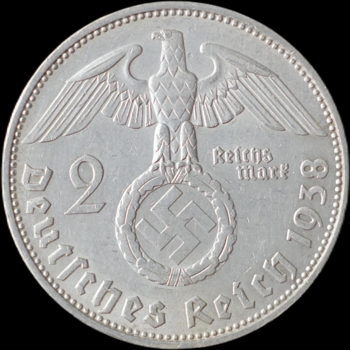 Nemecko - 2 Marka 1938 F Hindenburg - strieborná minca - Numizmatika
